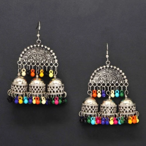 Fun Festival Earrings, Large Beaded Jhumka - Picture 1 of 3